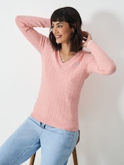 Crew Clothing Pink Heritage Cable V-Neck Jumper - Image 1 of 5