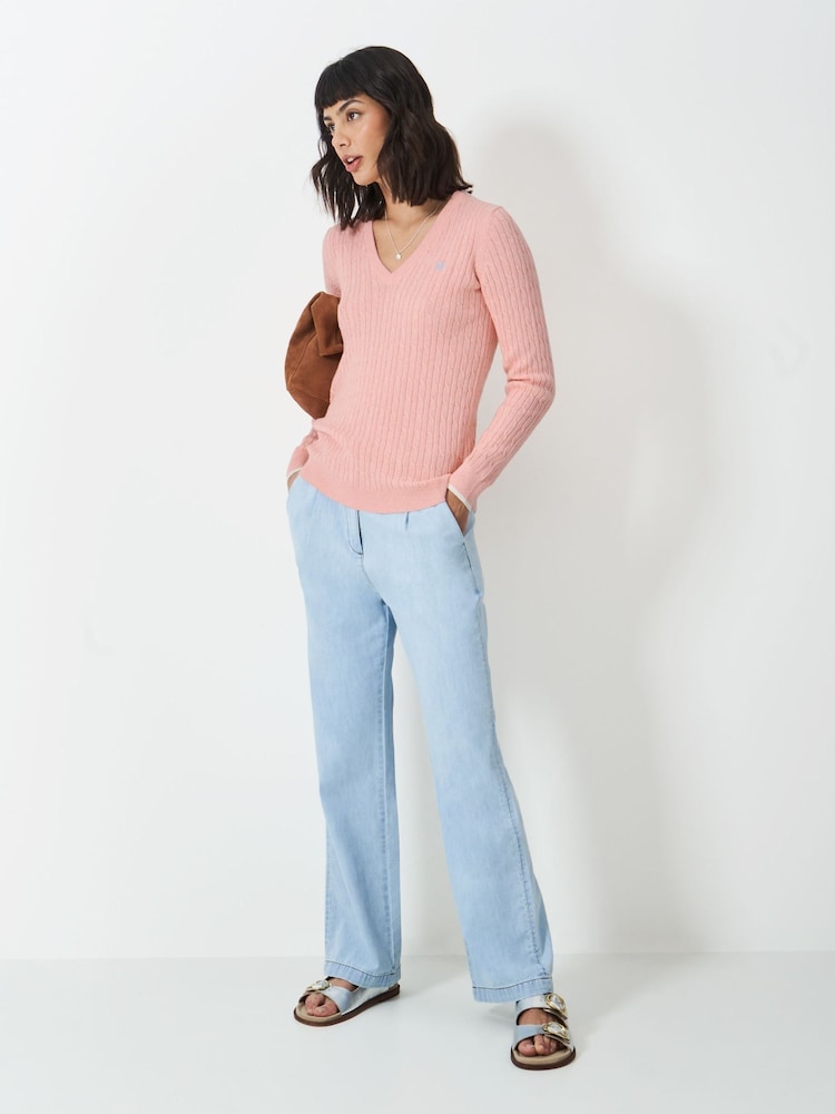 Crew Clothing Pink Heritage Cable V-Neck Jumper - Image 3 of 5
