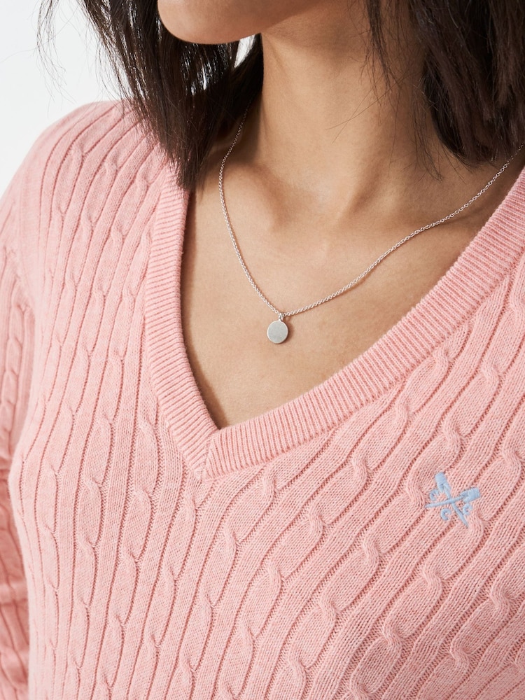 Crew Clothing Pink Heritage Cable V-Neck Jumper - Image 4 of 5