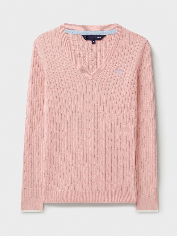 Crew Clothing Pink Heritage Cable V-Neck Jumper - Image 5 of 5