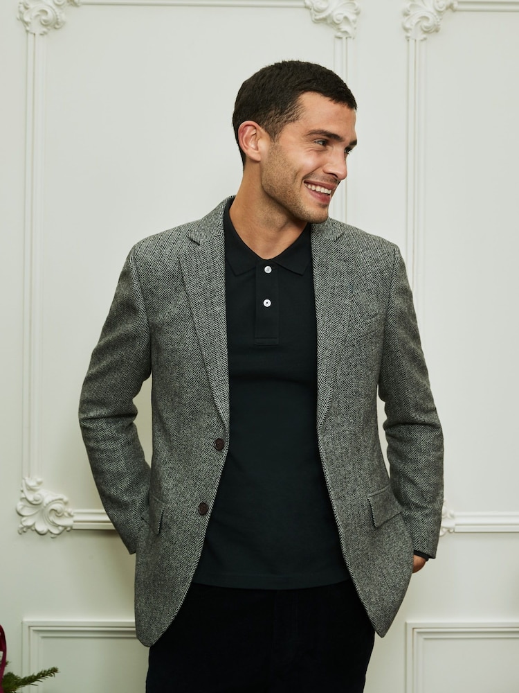 Crew Clothing Company Grey Wool Blend Herringbone Blazer - Image 1 of 5