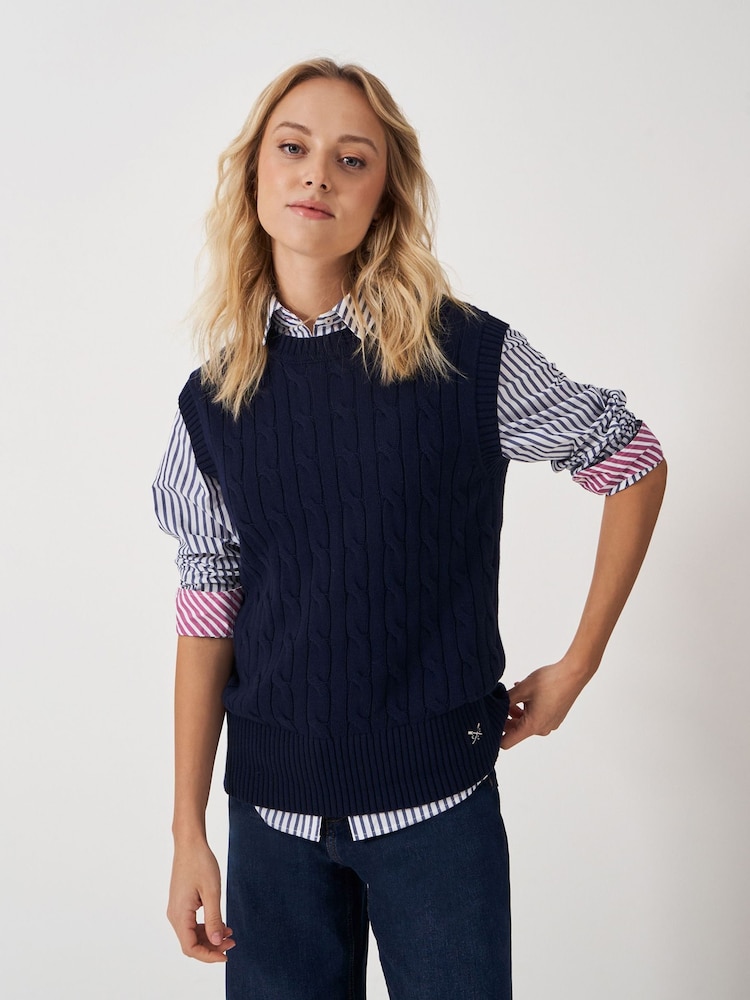 Crew Clothing Company Blue Heritage Cable Knit Crew Neck 100% Cotton Vest - Image 1 of 5