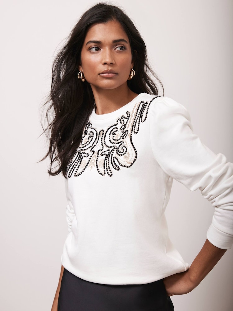 Mint Velvet White Embroidered 100% Cotton Sweatshirt - Image 1 of 7