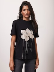 Mint Velvet Black 100% Cotton Metallic Flower Print T-Shirt - Image 1 of 7