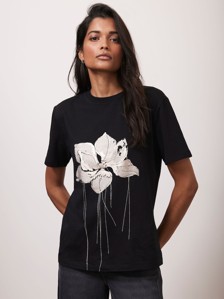 Mint Velvet Black 100% Cotton Metallic Flower Print T-Shirt - Image 2 of 7