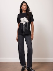 Mint Velvet Black 100% Cotton Metallic Flower Print T-Shirt - Image 4 of 7