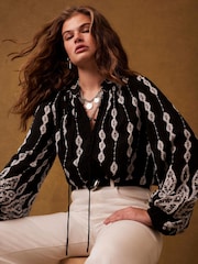 Mint Velvet Black Crochet Print Blouse - Image 6 of 7