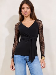 Lipsy Black Lace  Tie Waist Top - Image 1 of 4