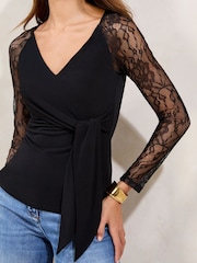 Lipsy Black Lace  Tie Waist Top - Image 2 of 4