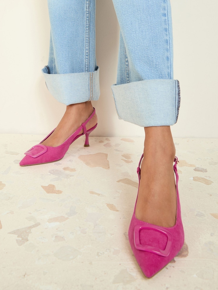 Friends Like These Pink Buckle Slingback Kitten Heel Faux Suede Court Shoes - Image 1 of 5