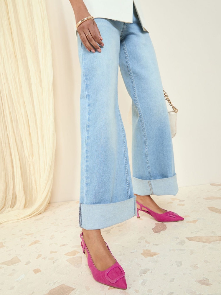 Friends Like These Pink Buckle Slingback Kitten Heel Faux Suede Court Shoes - Image 2 of 5