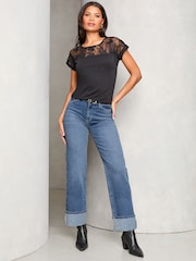 Lipsy Black Lace Yoke Detail T-Shirt - Image 2 of 4