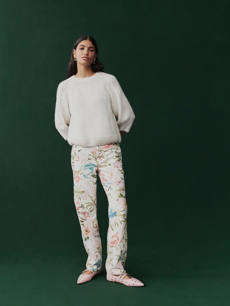 Floral Printed 100% Cotton Boho Straight Leg Jeans - Image 2 of 8