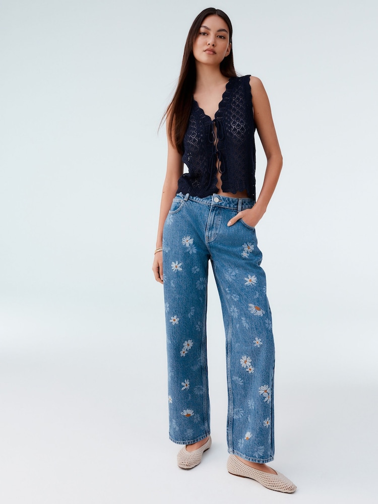 Mid Blue Daisy Embroidered Wide Leg 100% Cotton Jeans - Image 1 of 4