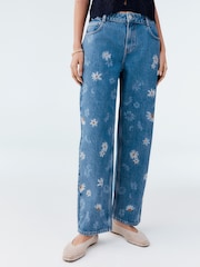 Mid Blue Daisy Embroidered Wide Leg 100% Cotton Jeans - Image 3 of 4