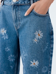 Mid Blue Daisy Embroidered Wide Leg 100% Cotton Jeans - Image 4 of 4