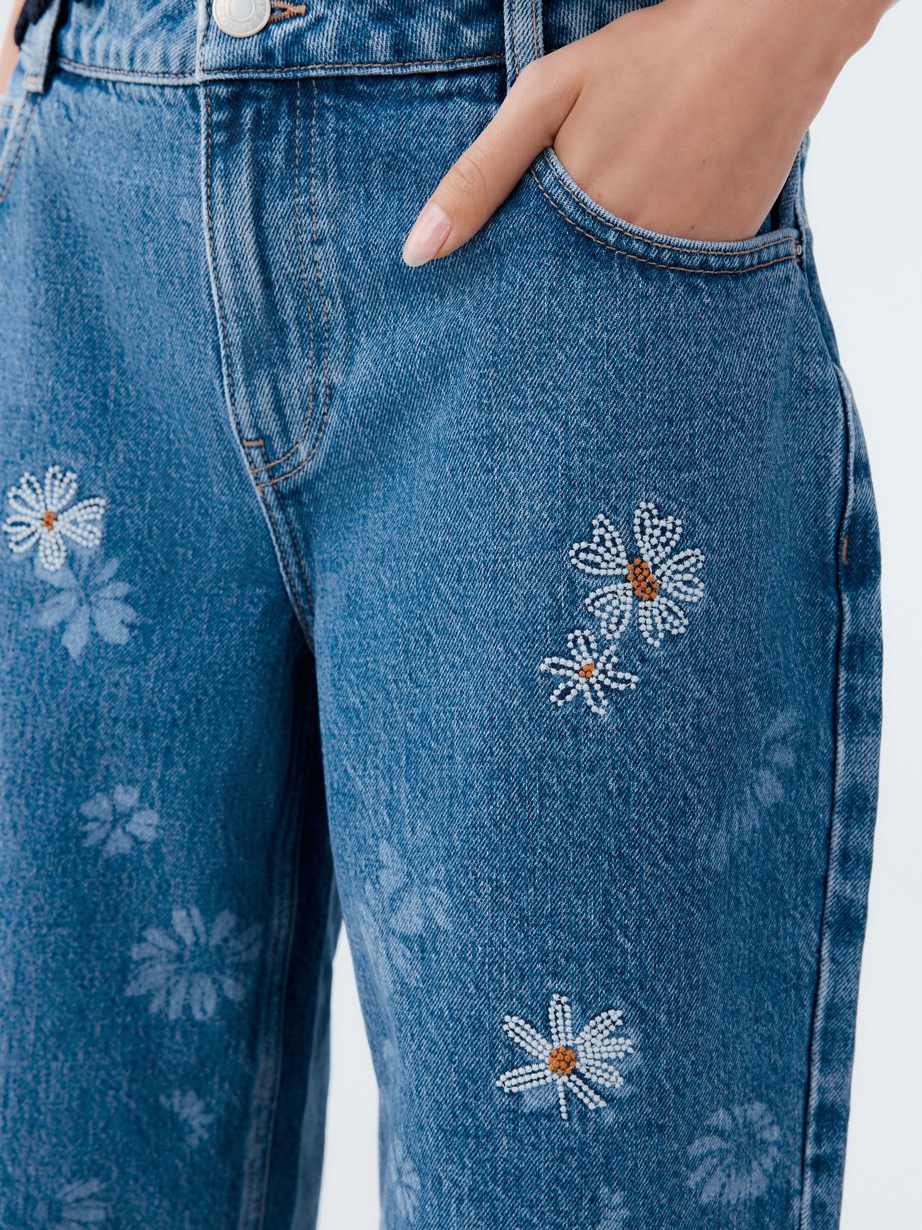 Buy Mid Blue Daisy Embroidered Wide Leg 100% Cotton Jeans from