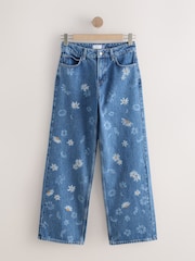 Mid Blue Daisy Embroidered Wide Leg 100% Cotton Jeans - Image 5 of 7