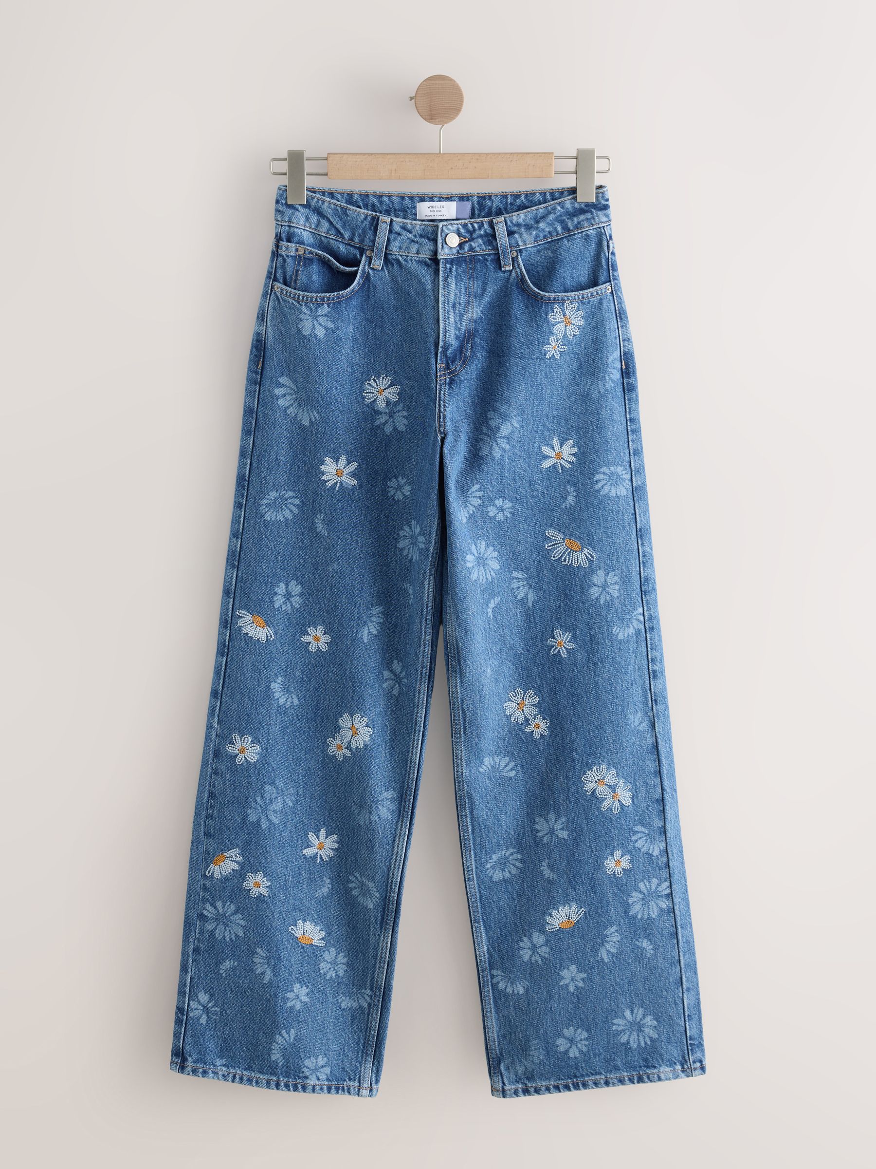 Buy Mid Blue Daisy Embroidered Wide Leg 100% Cotton Jeans from