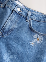 Mid Blue Daisy Embroidered Wide Leg 100% Cotton Jeans - Image 6 of 7