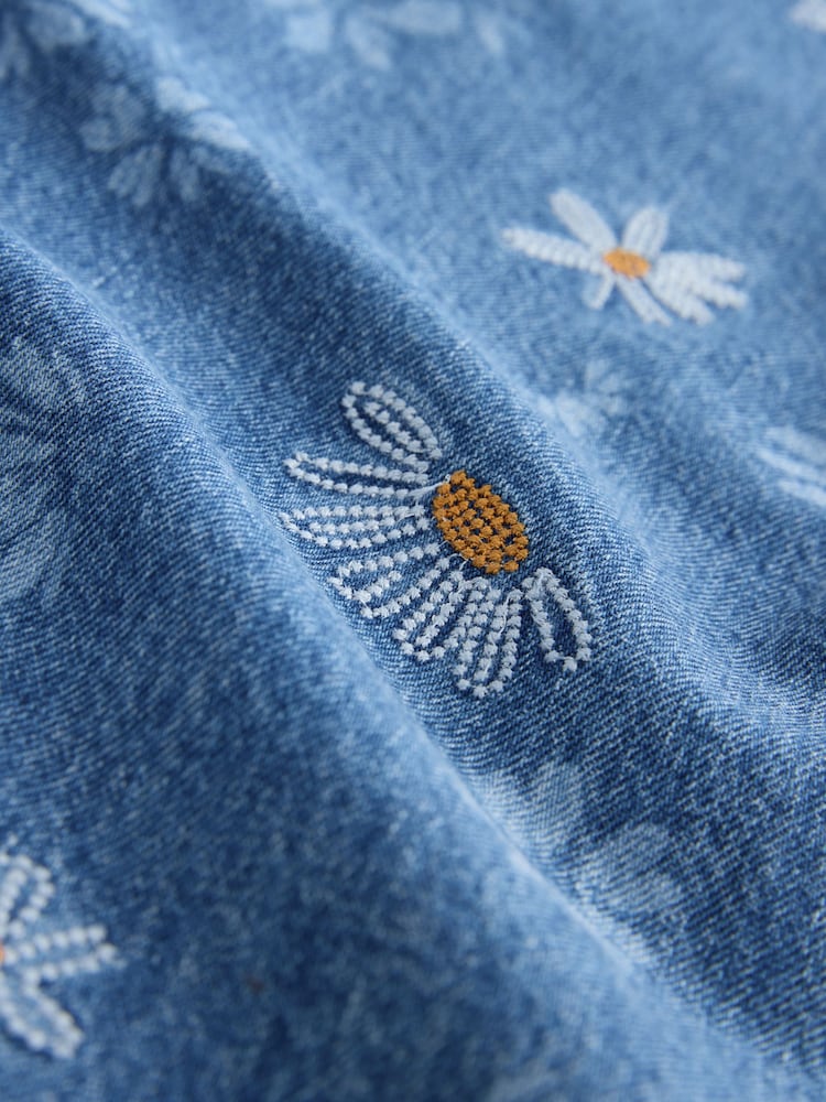 Mid Blue Daisy Embroidered Wide Leg 100% Cotton Jeans - Image 7 of 7