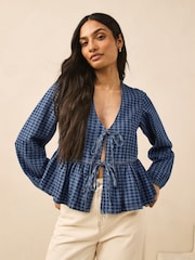 Blue Gingham Collar Button Down 100% Cotton Blouse - Image 1 of 7