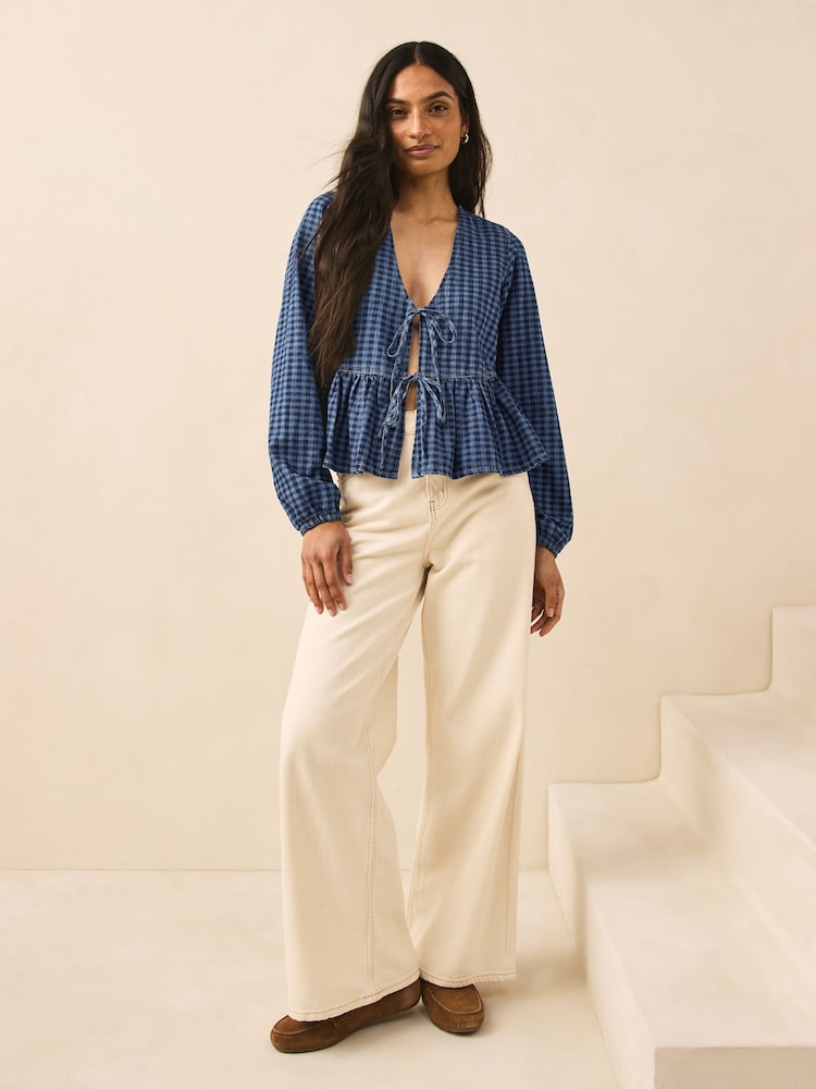 Cuadros guinga en azul - Blusa de algodón 100% con cuello abotonado - Imagen 2 de 7 Cuadros guinga en azul - Blusa de algodón 100% con cuello abotonado - Imagen 2 de 7