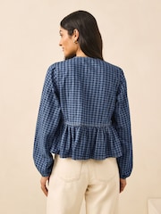 Blue Gingham Collar Button Down 100% Cotton Blouse - Image 3 of 7