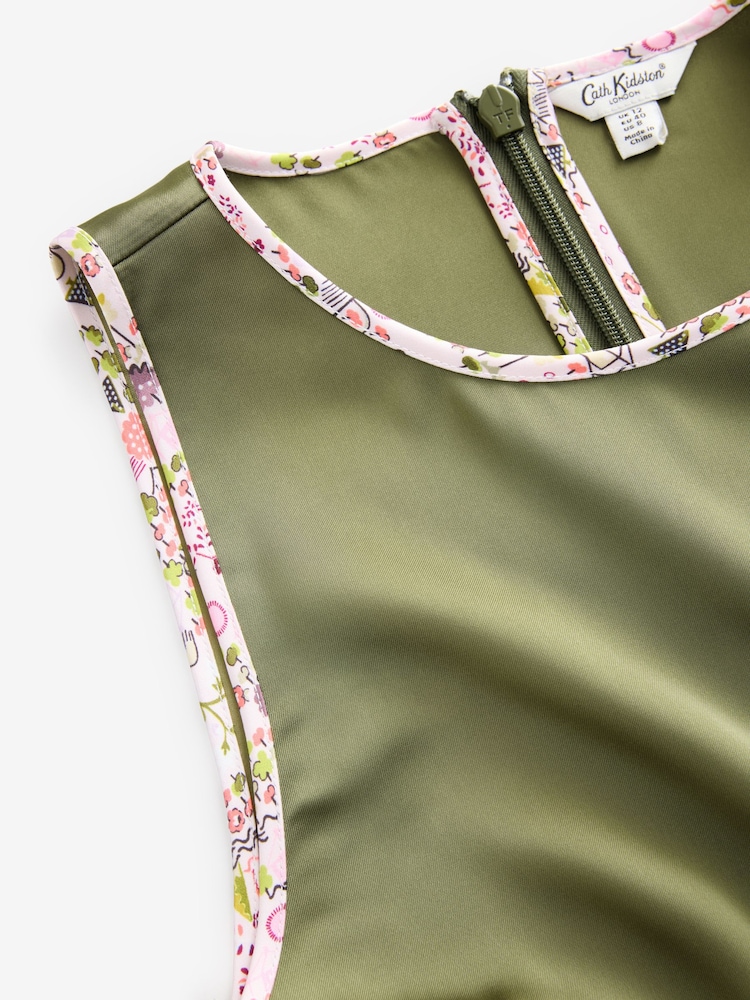 Cath Kidston Khaki Green Tiny Town Sleeveless Satin A Line Dress - Image 9 of 9