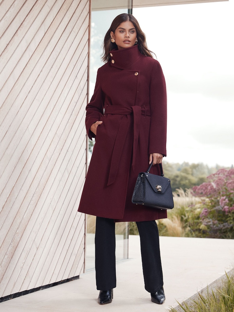 Lipsy Berry Red Asymmetrical Funnel Neck Belted Coat - Image 1 of 4