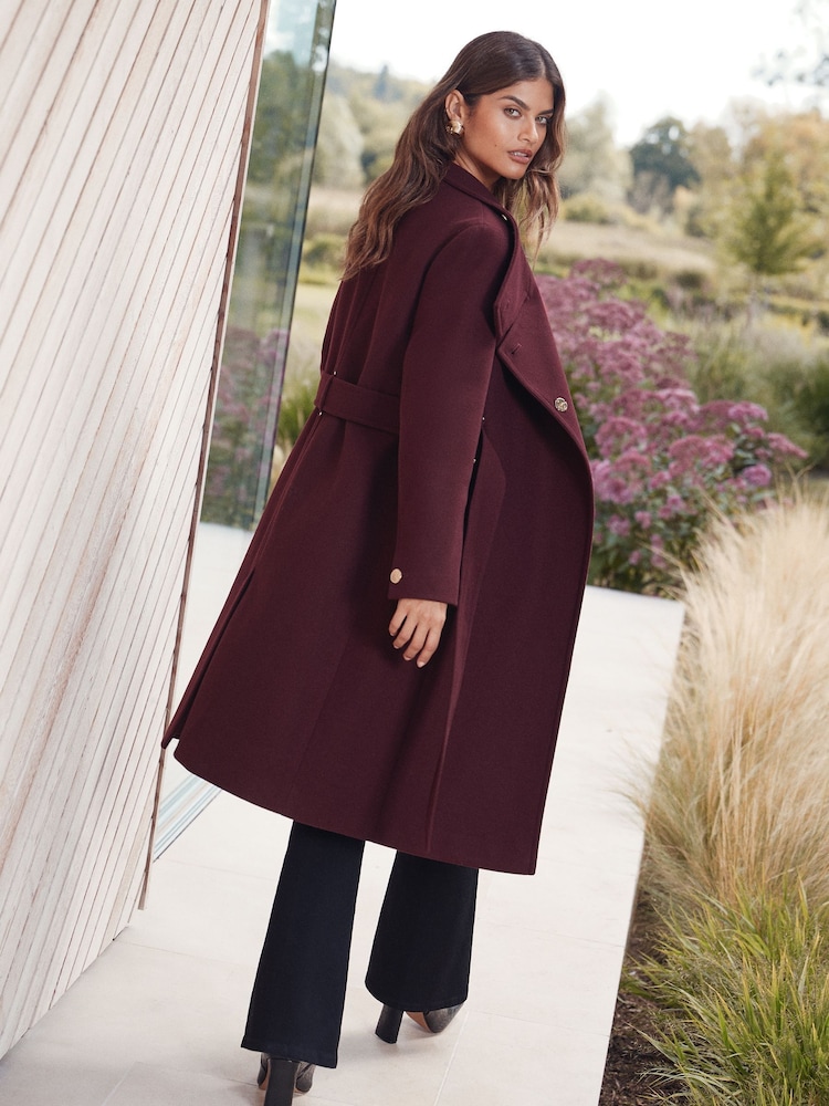 Lipsy Berry Red Asymmetrical Funnel Neck Belted Coat - Image 2 of 4