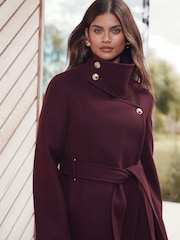 Lipsy Berry Red Asymmetrical Funnel Neck Belted Coat - Image 4 of 4