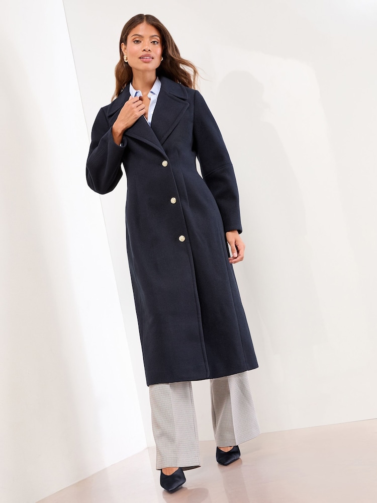 Lipsy Navy Single Ovoid Sleeve Breasted Longline Coat - Image 2 of 5