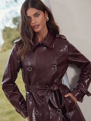Lipsy Cherry Red Croc Faux Leather Relaxed Longline Trench Coat - Image 2 of 4