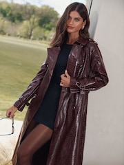 Lipsy Cherry Red Croc Faux Leather Relaxed Longline Trench Coat - Image 3 of 4