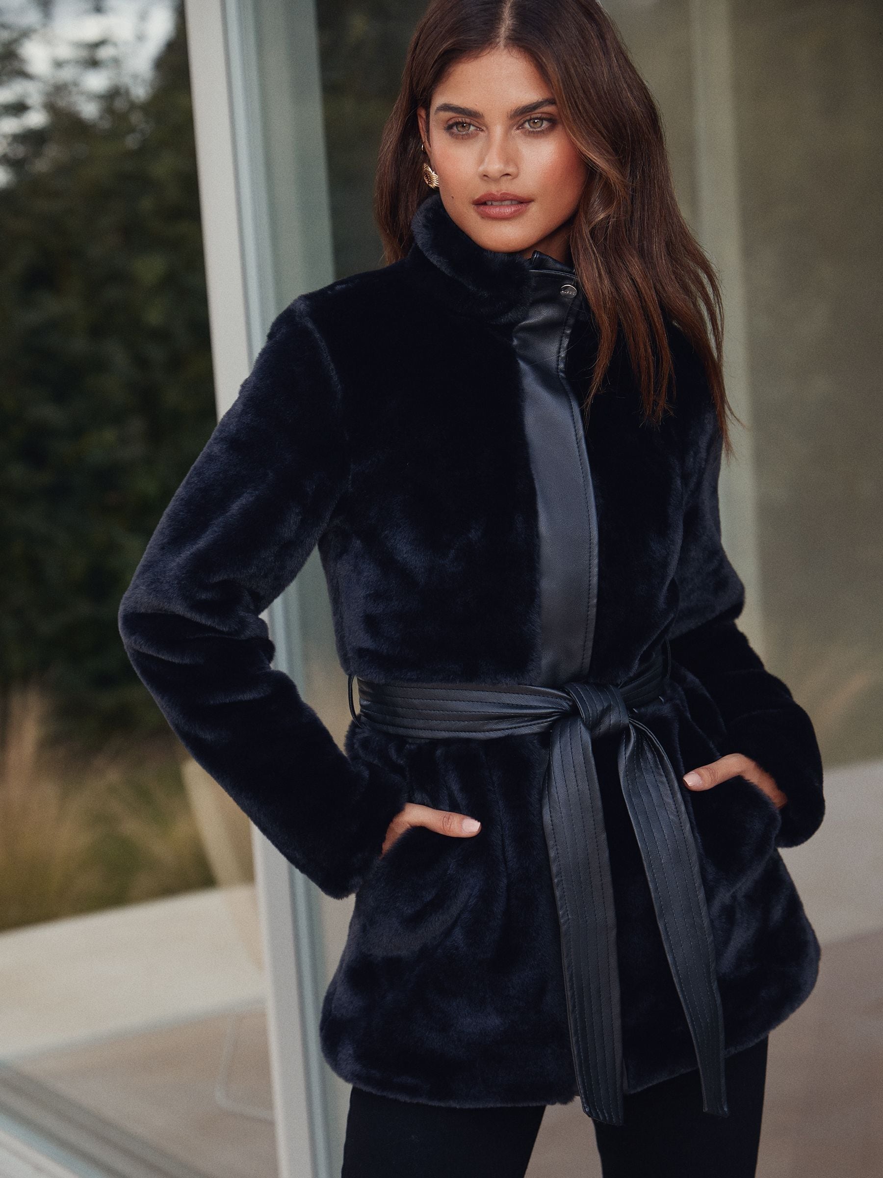 Buy Lipsy Black Faux Fur and Faux Leather Mix Belted Coat from