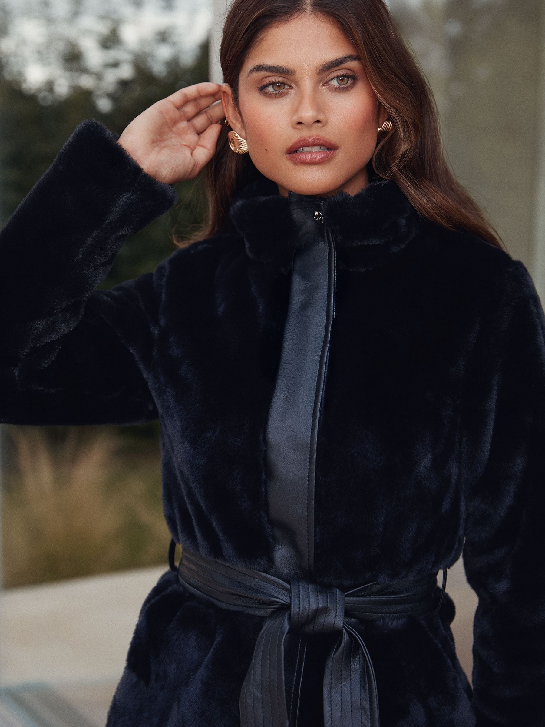 Buy Lipsy Black Faux Fur and Faux Leather Mix Belted Coat from the