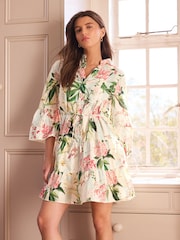 Kew Collection Pink Floral Stripe Print Broderie 100% Cotton Shirt Mini Dress - Image 1 of 7