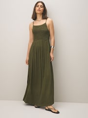 Khaki Green Strappy Shirred Jersey Maxi Dress - Image 1 of 3