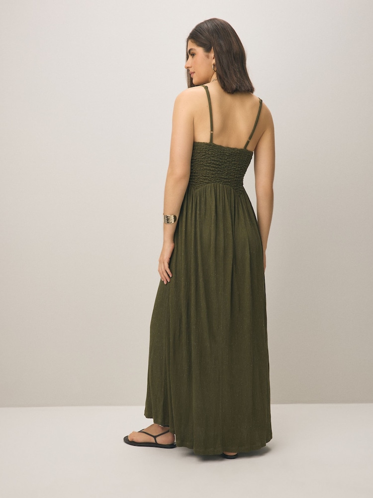 Khaki Green Strappy Shirred Jersey Maxi Dress - Image 2 of 3