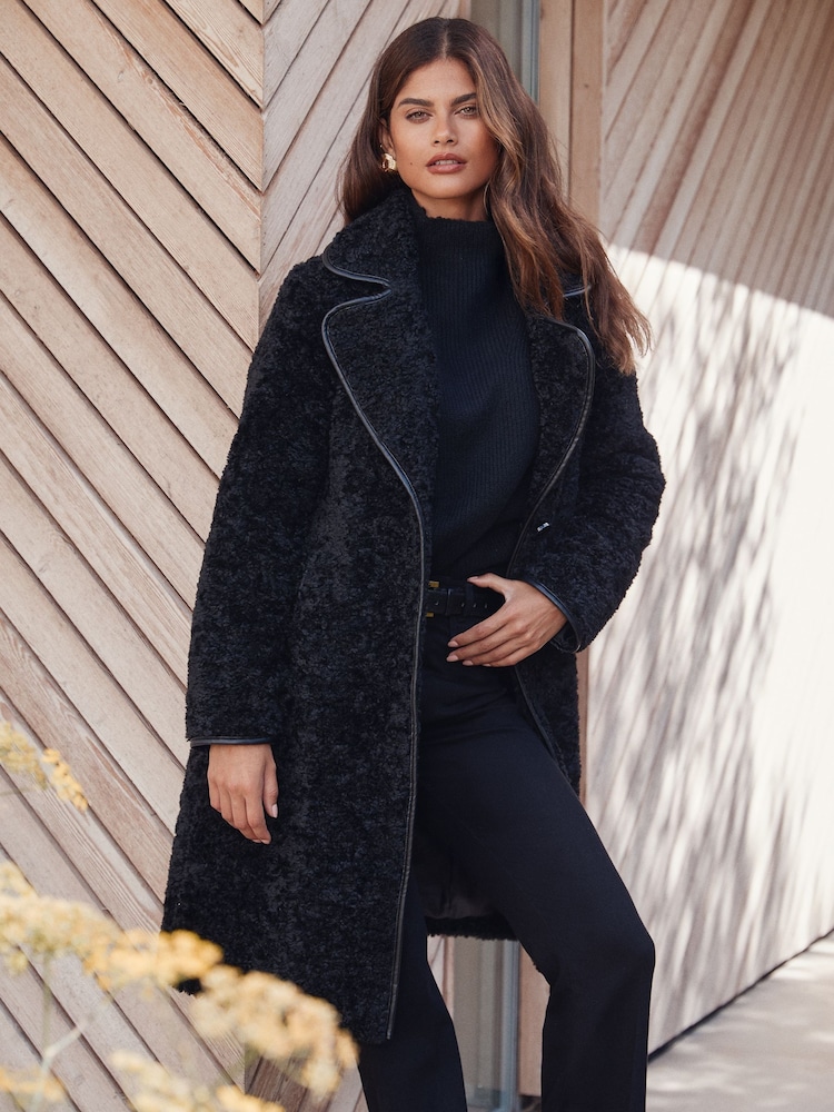 Lipsy Black Teddy Borg Coat with Faux Leather Trim - Image 1 of 5