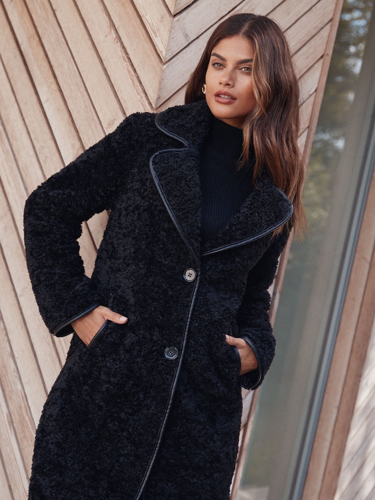 Lipsy Black Teddy Borg Coat with Faux Leather Trim - Image 2 of 5
