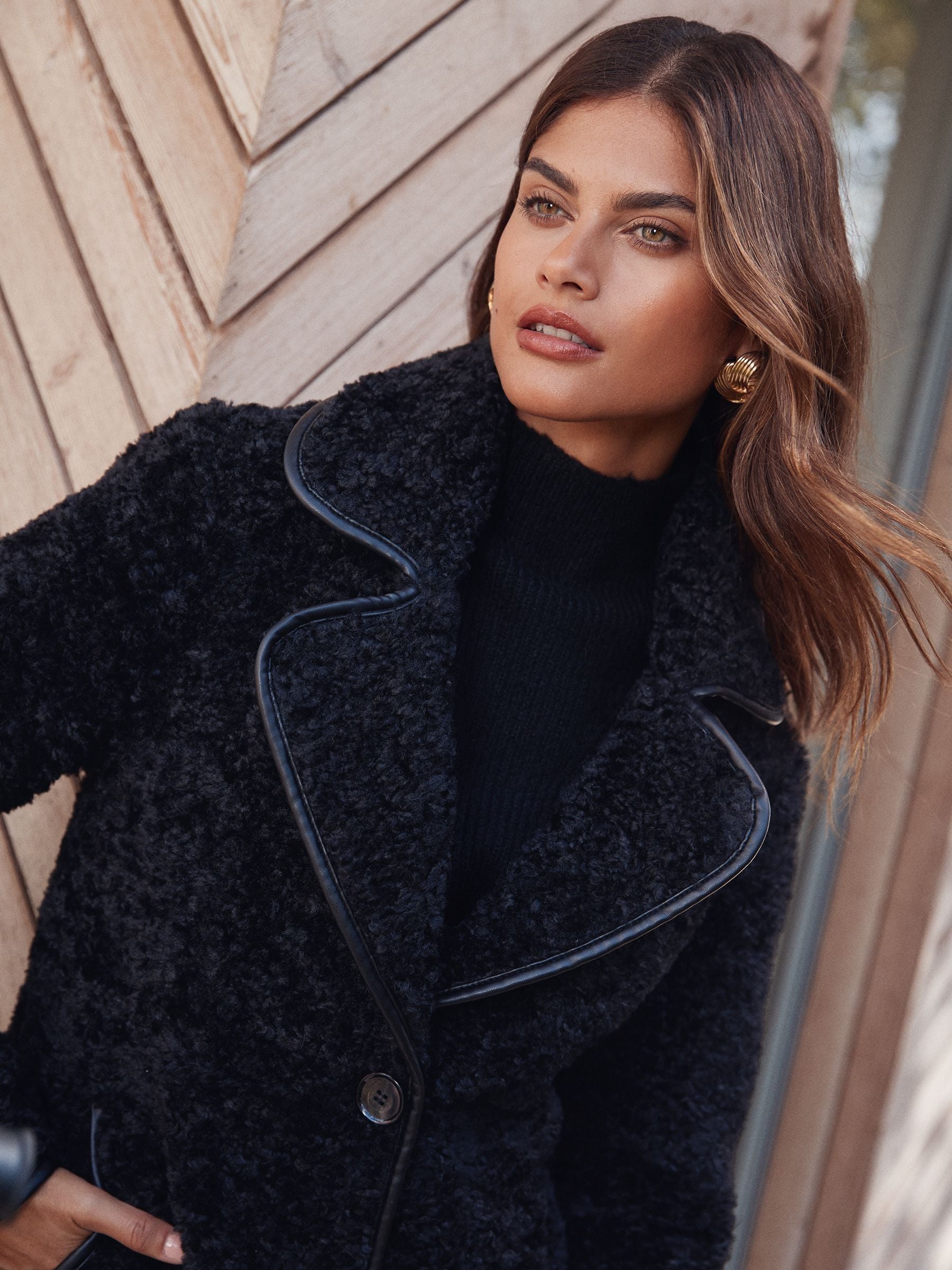 Buy Lipsy Black Teddy Borg Coat with Faux Leather Trim from Next USA