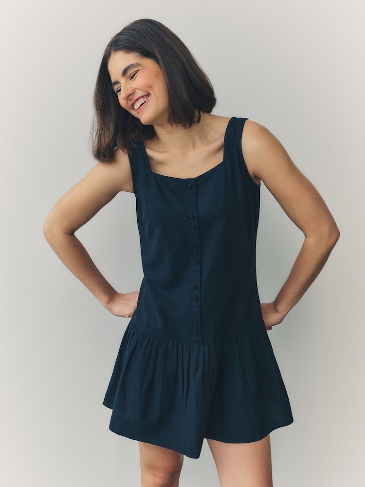 Navy Blue Square Neck Tiered Mini Boho Dress - Image 1 of 9
