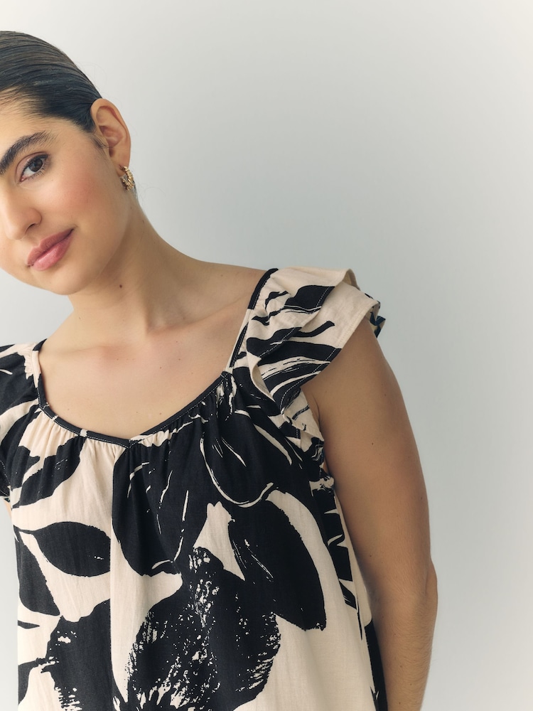 Mono Floral V-Neck Ruffle Sleeve Mini Dress with Linen - Image 5 of 8