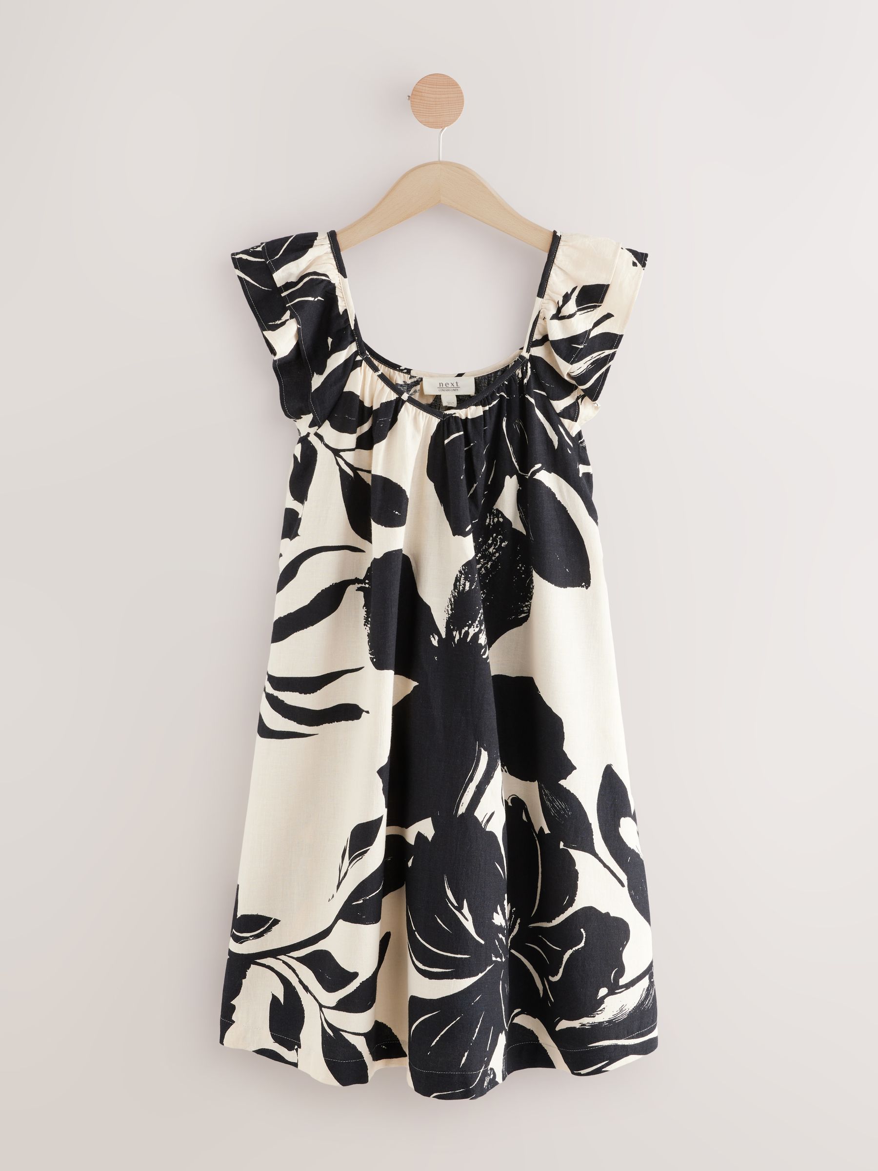 Next：日本 モノトーンフローラル - Vネック フリルスリーブ ミニ