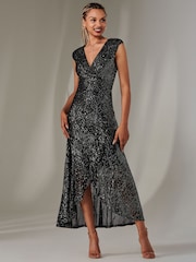 Jolie Moi Black/Dark Sequin Ruffle Hem Maxi Dress - Image 1 of 6