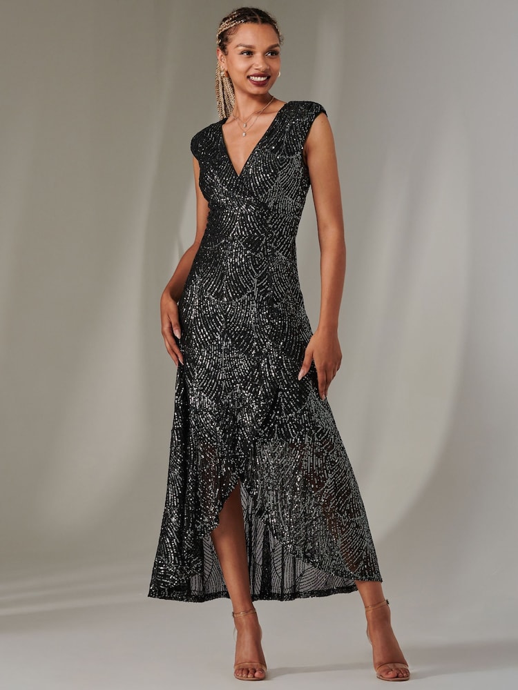 Jolie Moi Black/Dark Sequin Ruffle Hem Maxi Dress - Image 1 of 6