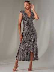 Jolie Moi Black  Chrome Sequin Ruffle Hem Maxi Dress - Image 1 of 6