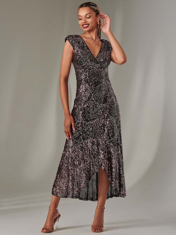 Jolie Moi Black  Chrome Sequin Ruffle Hem Maxi Dress - Image 1 of 6